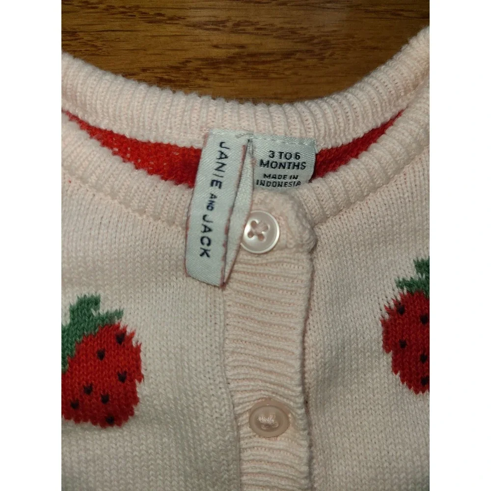 Janie‎ And Jack Sweater Button Cardigan Pink Strawberries 3/6 Mos Flare Shoulder